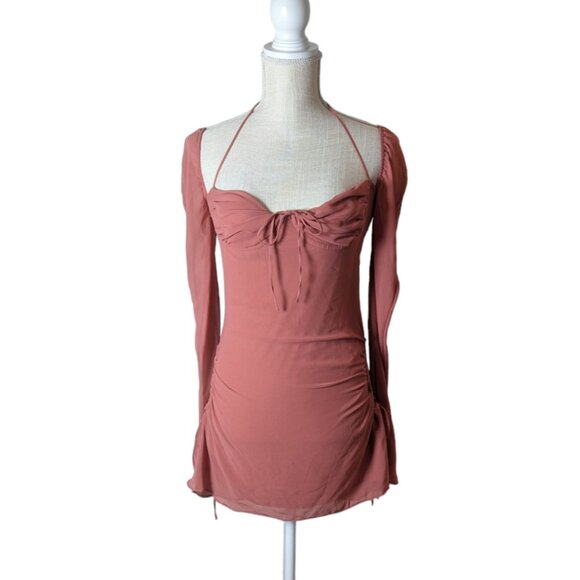 HOUSE OF CB Baby Pink Chiffon Halter Cutout Mini Dress - Picture 3 of 7